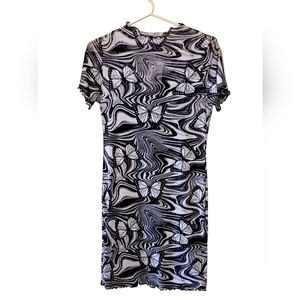 CAUTION TO THE WIND  Sheer Overlay Butterfly Print Dress